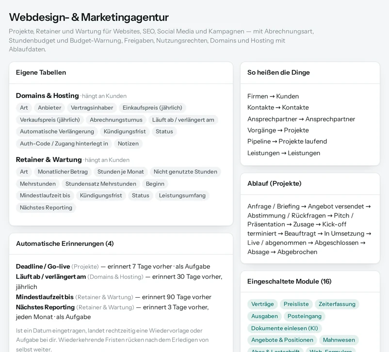 Die Vorschau in Salesfy für Webdesign- & Marketingagentur: eigene Tabellen mit ihren Feldern, automatische Erinnerungen, Begriffe und Ablauf.