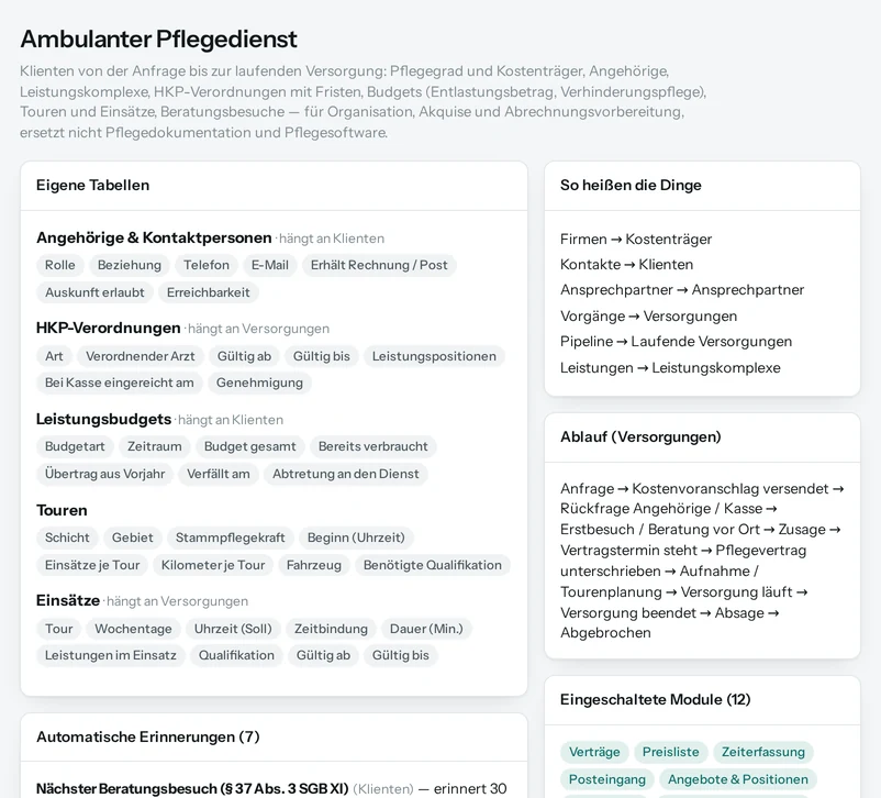 Die Vorschau in Salesfy für Ambulanter Pflegedienst: eigene Tabellen mit ihren Feldern, automatische Erinnerungen, Begriffe und Ablauf.