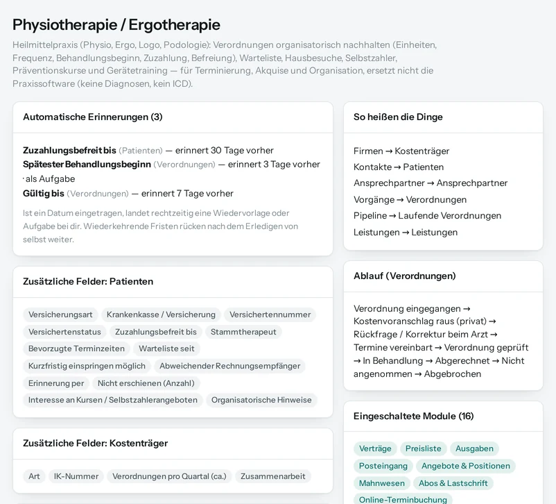 Die Vorschau in Salesfy für Physiotherapie / Ergotherapie: eigene Tabellen mit ihren Feldern, automatische Erinnerungen, Begriffe und Ablauf.