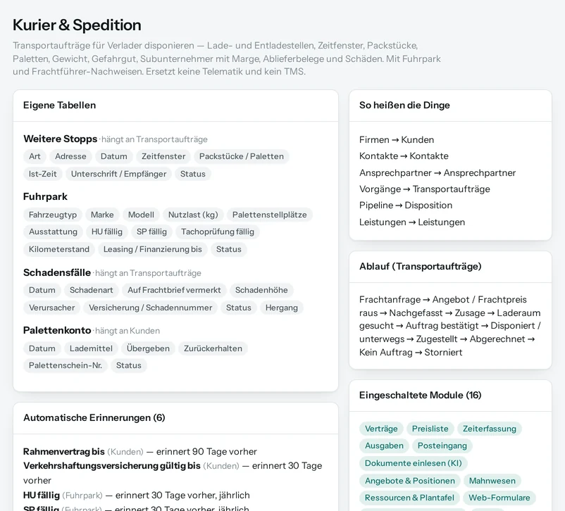 Die Vorschau in Salesfy für Kurier & Spedition: eigene Tabellen mit ihren Feldern, automatische Erinnerungen, Begriffe und Ablauf.