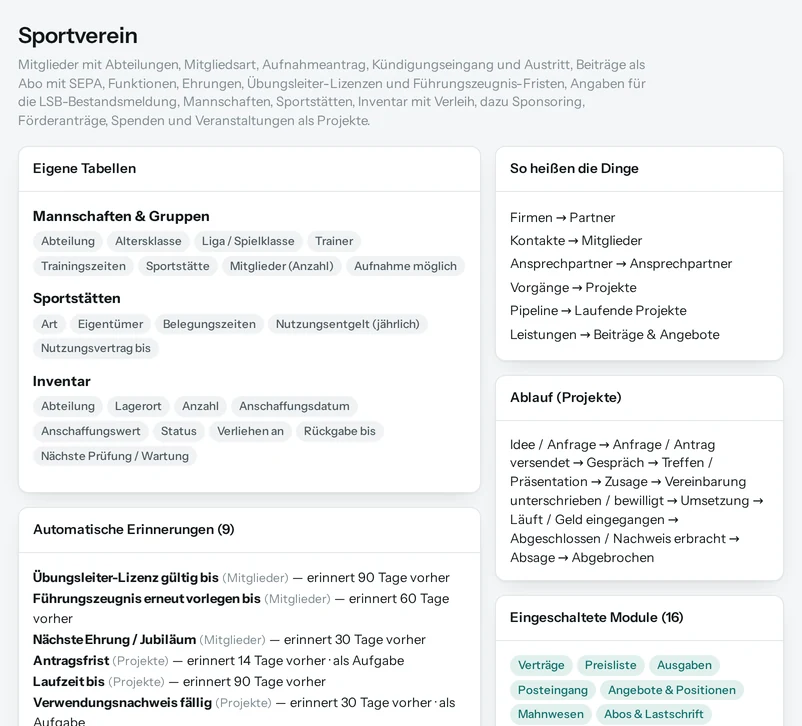 Die Vorschau in Salesfy für Sportverein: eigene Tabellen mit ihren Feldern, automatische Erinnerungen, Begriffe und Ablauf.