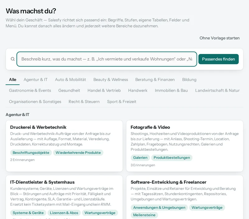 Die Einrichtung: Suchfeld „Was machst du?“ und die Branchen nach Bereichen.