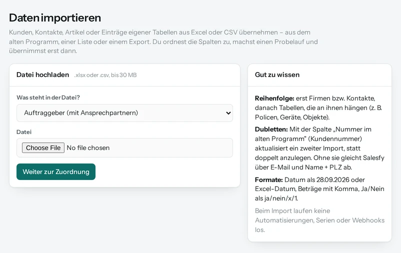 Daten importieren: Datei hochladen und wählen, was in ihr steht.