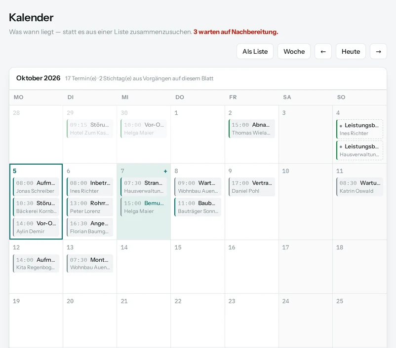 Der Kalender im Oktober: Termine wie Aufmaß, Störung, Inbetriebnahme und Wartung, dazu Stichtage aus Aufträgen.