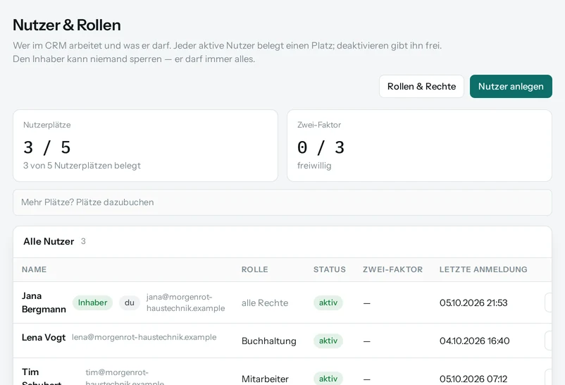 Nutzer und Rollen: wer im CRM arbeitet, mit welcher Rolle und wann zuletzt angemeldet.