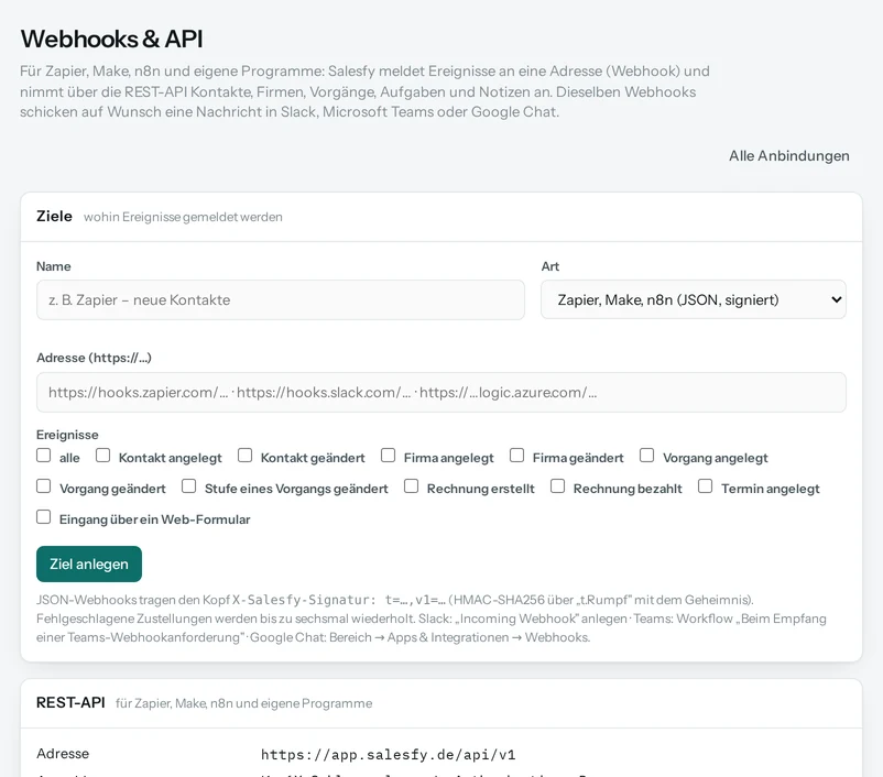 Webhooks einrichten: Ziel, Adresse und die Ereignisse, die gemeldet werden.